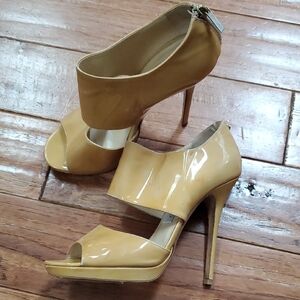 Jimmy Choo Patent Tan Peep-Toe Heels